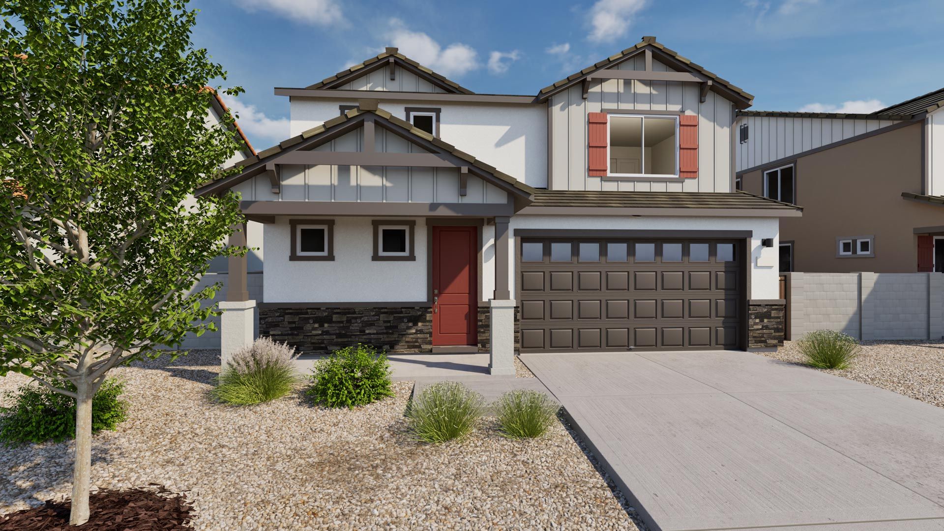 This is our Esprit Floorplan, elevation D, color 2 with stucco. Options and colors may vary.