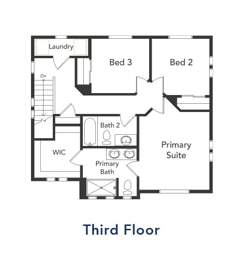 A view of 3rd floor primary and 2 secondary bedrooms, laundry and bathrooms