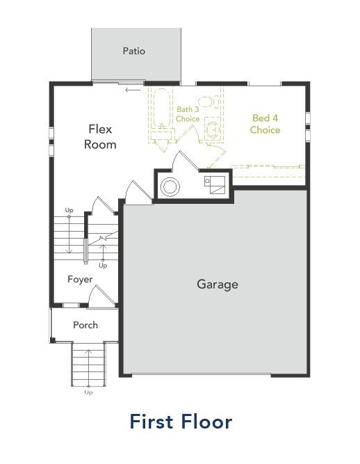 A view of the first floor layout and garage