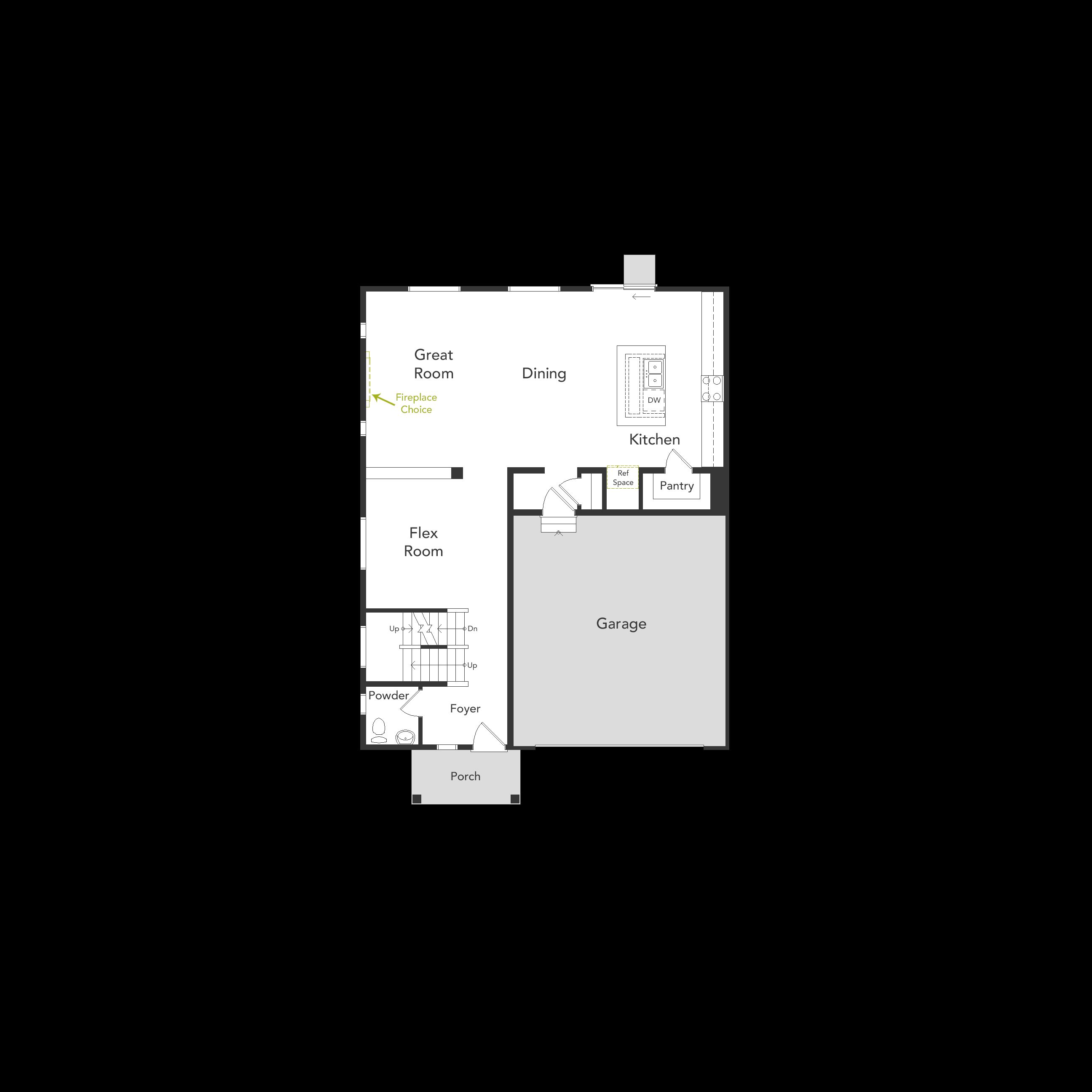 A view of the first floor layout and garage