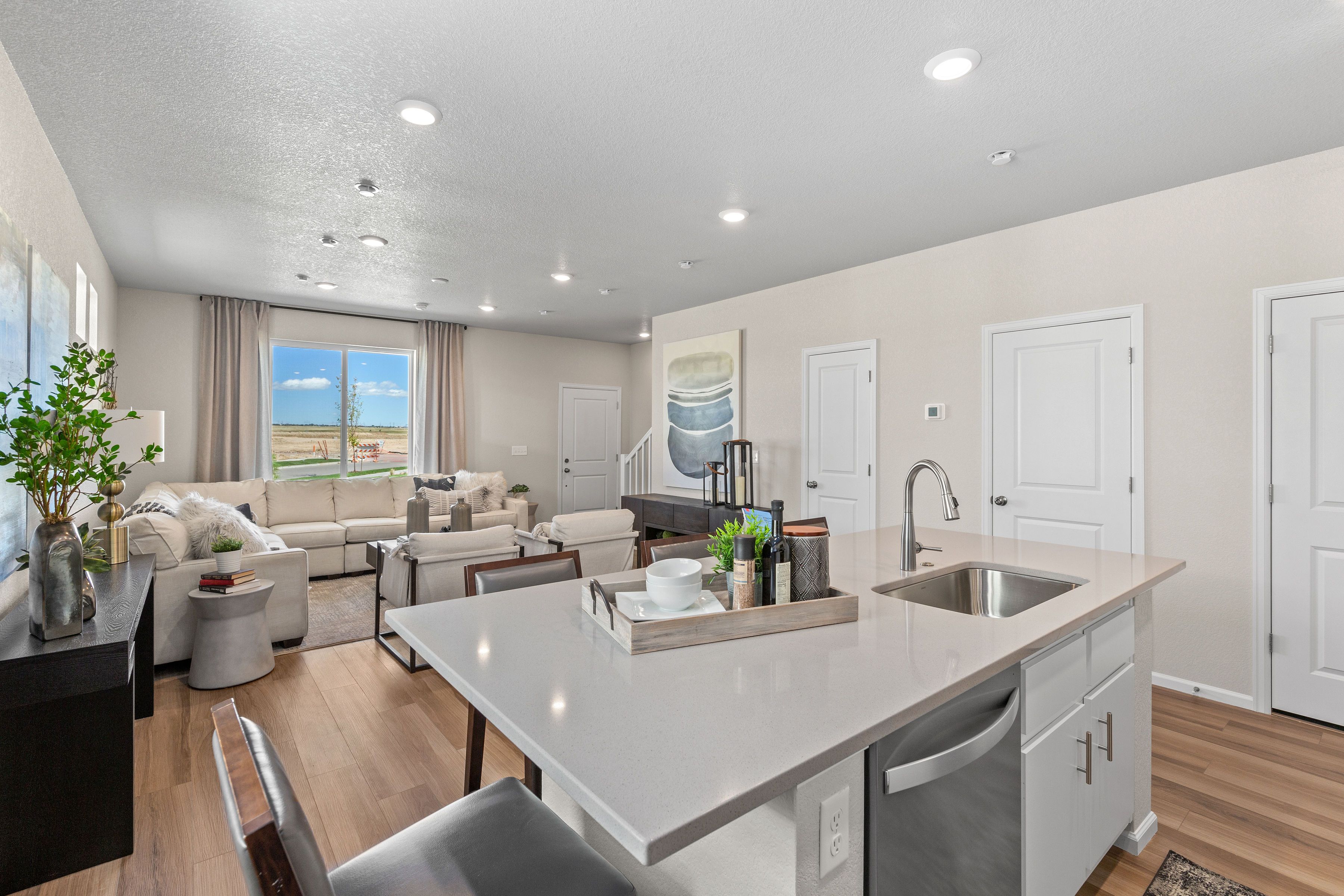A view of the great room from the kitchen island