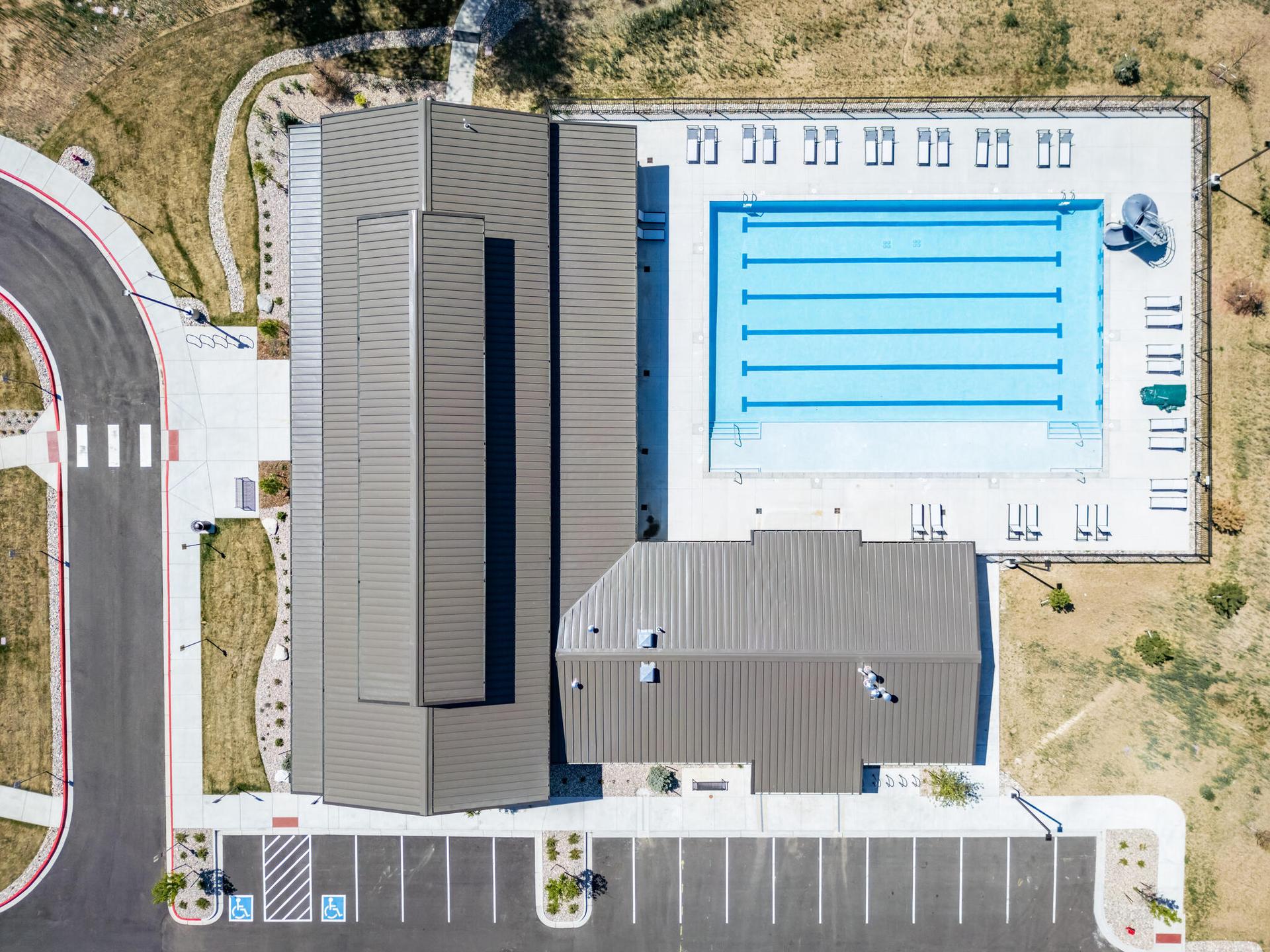 Aerial view of swimming pool and clubhouse