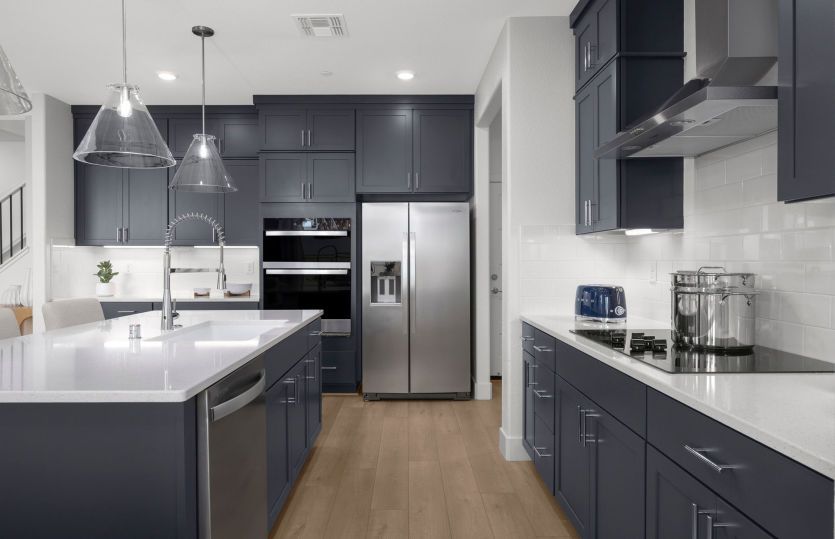 Kitchen with blue slab cabinetry in a chef's appliance package