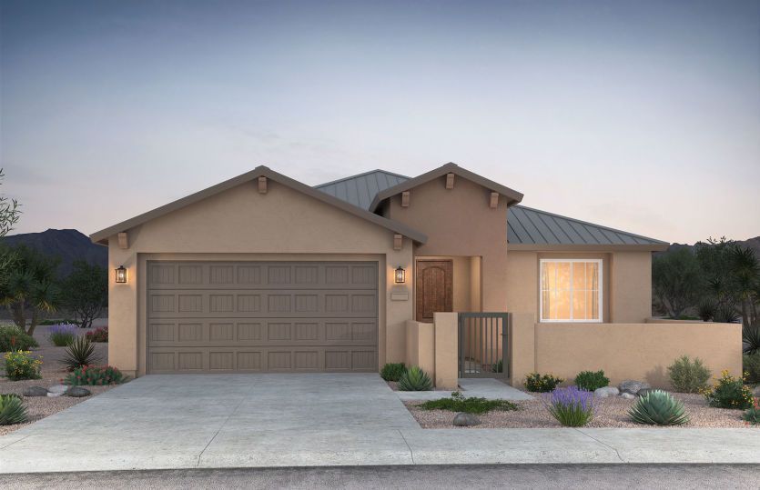 Exterior rendering of the Barleta shown in design style A featuring a two-car garage.