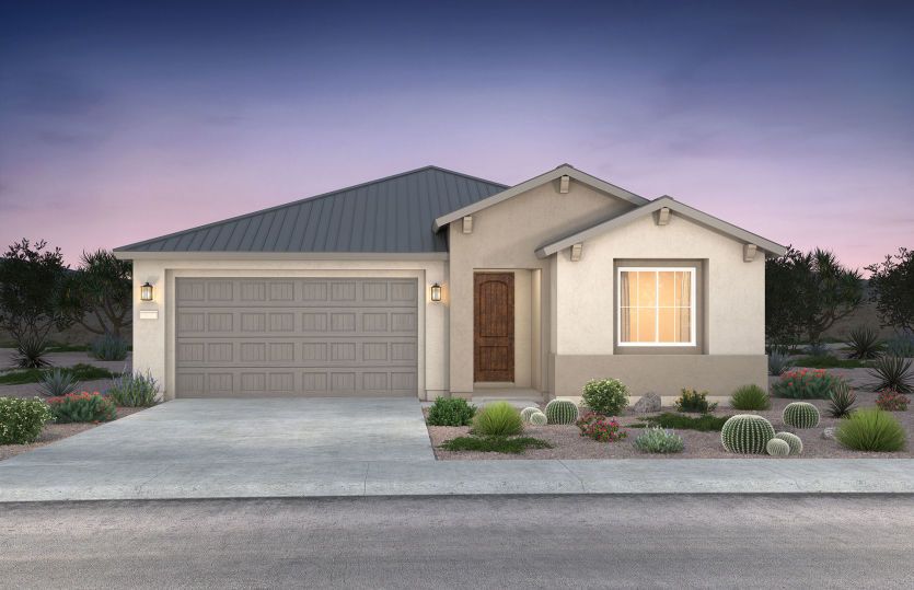 Single-story Brownstone plan shown in Elevation B with a two-car garage and optional stone accents.