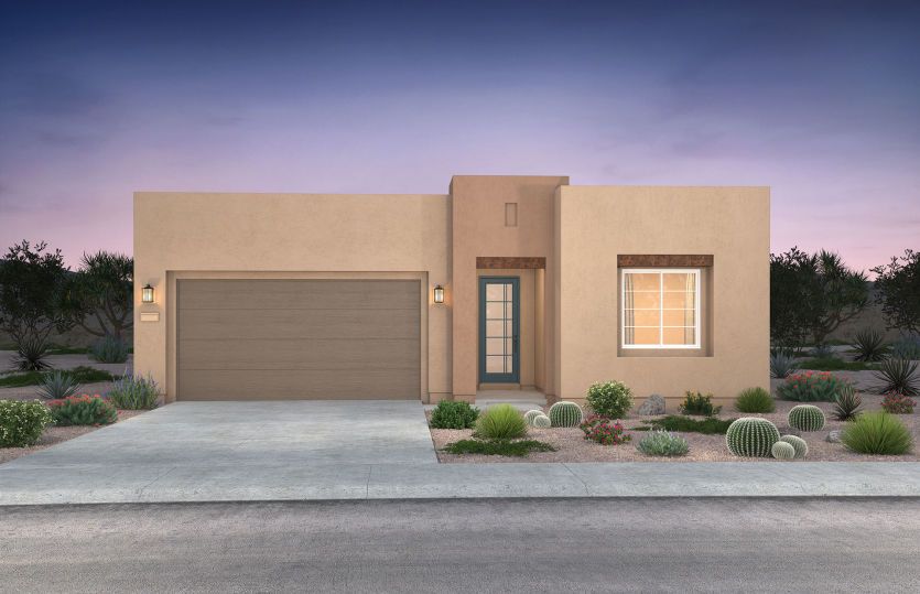 Single-story Brownstone plan shown in Elevation C with a two-car garage and a pueblo design.