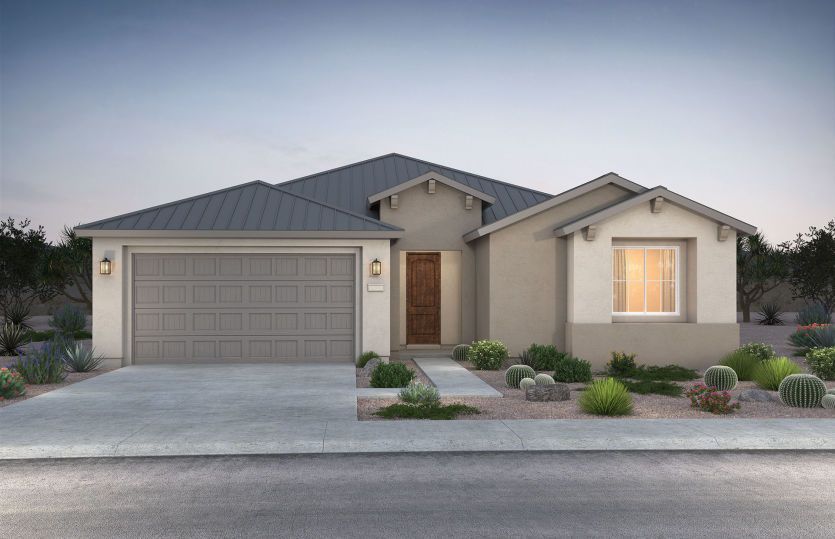 The Parklane Home Exterior A at Esencia offers tile roof, many color selections, and two-tone paint.