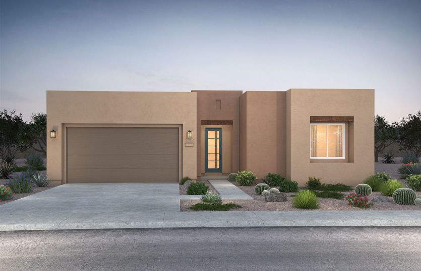 Home Exterior C includes a pueblo look and feel on the Parklane home design. Upgrade to this design