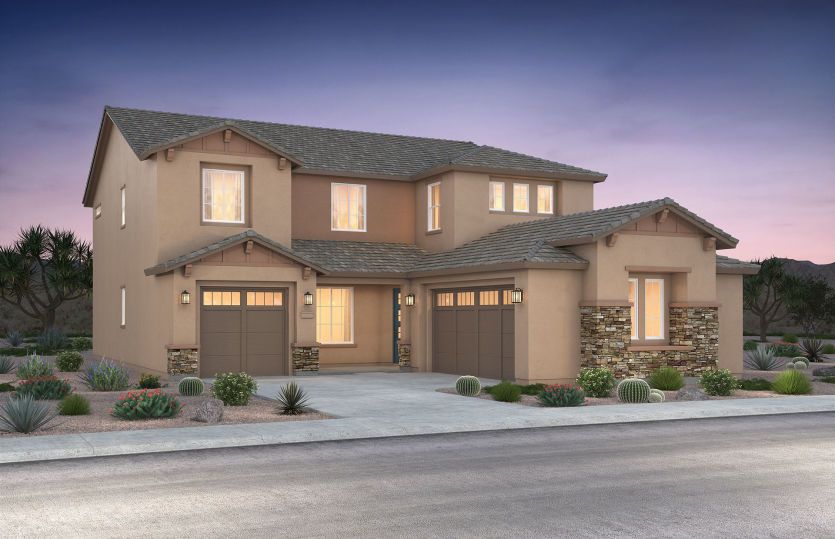 Exterior rendering shown in design style B. This design features optional stone accents for maximum