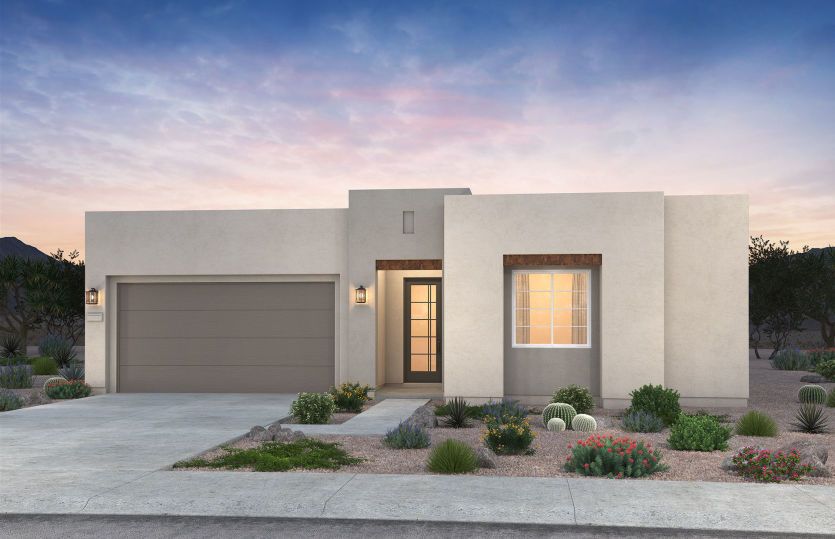 Exterior rendering shown in pueblo design style C. Choose from several different stucco color option