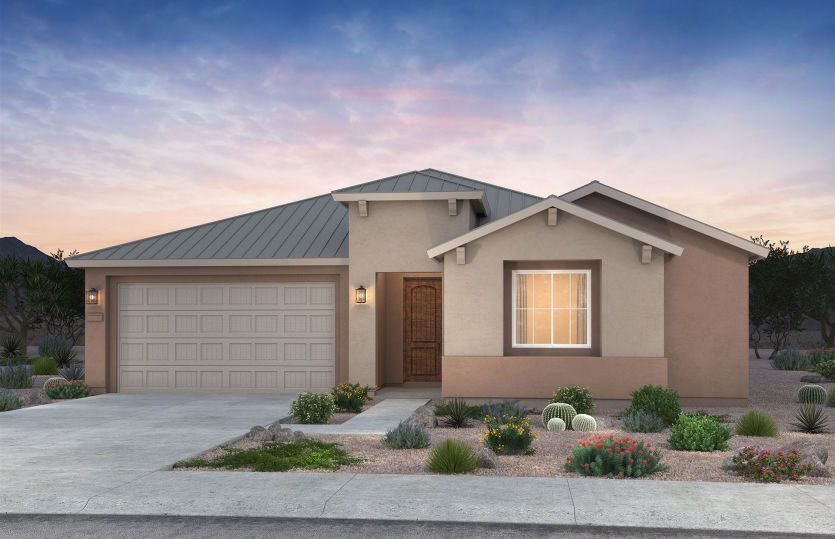 Exterior rendering of the Stella shown in design style A featuring a two-car garage.