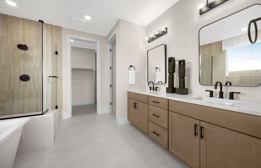 Owner's suite bathroom with dual vanity, glass walk-in shower and freestanding tub