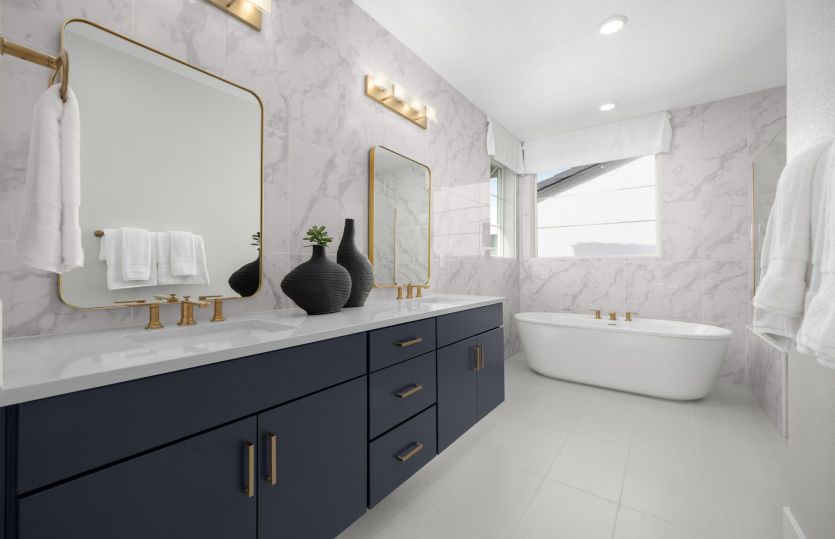 Luxurious primary bathroom with dual vanity and freestanding tub