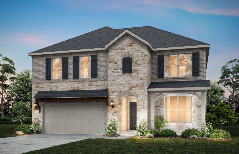 The Sondra, a two-story home with covered front porch and 2-car garage, shown as Home Exterior D