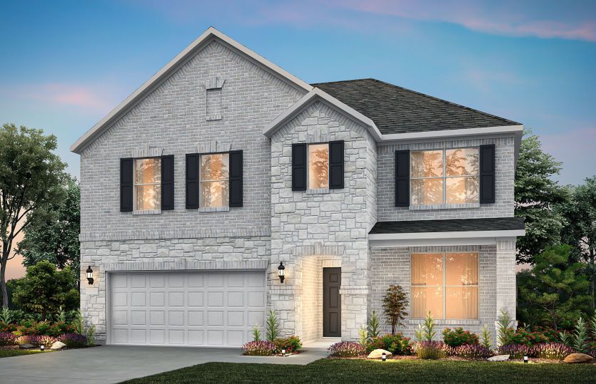 The Sondra, a two-story home with covered front porch and 2-car garage, shown as Home Exterior B