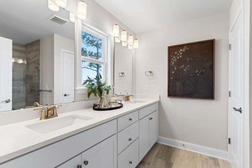 Cabinets for storage under sinks. Model Home Representation.