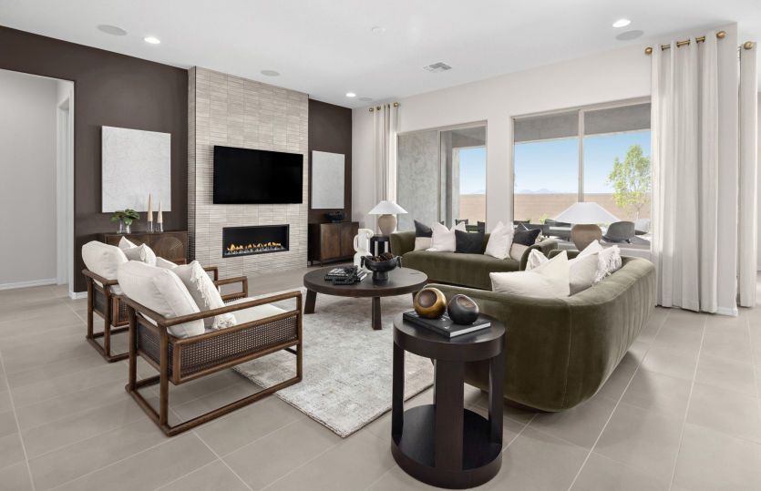 Gathering room of the Ravenna offers plenty of space and a fireplace option.