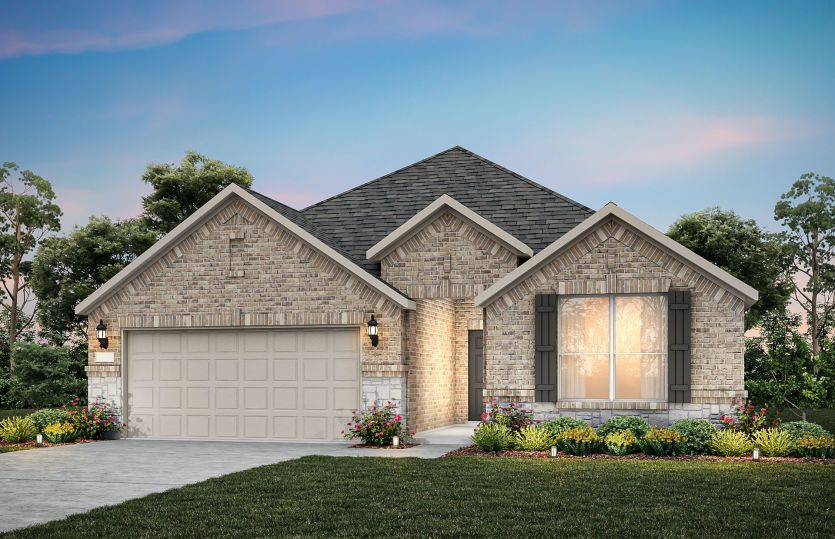 Exterior B of the Blue Sky, a one-story home with 2-car garage and shutters