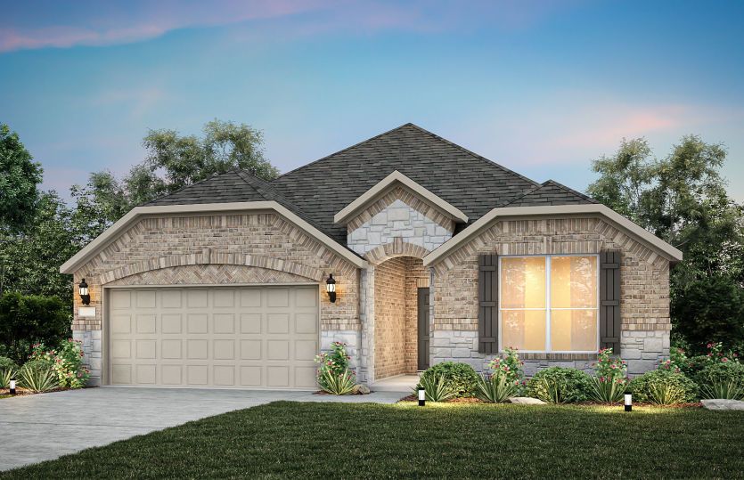 Exterior C of the Blue Sky, a one-story home with 2-car garage and shutters