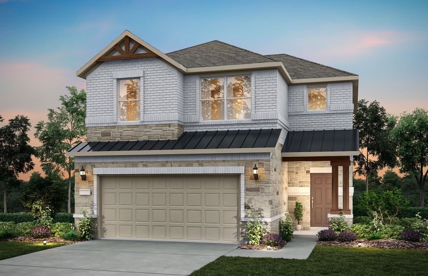 The Maroon, a two-story home with 2-car garage, shown with Home Exterior M