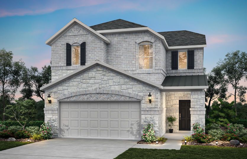The Maroon, a two-story home with 2-car garage, shown with Home Exterior N