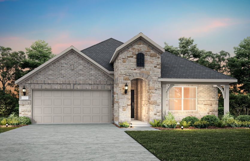 The Bell, a one-story home with 2-car garage, shown with Home Exterior D