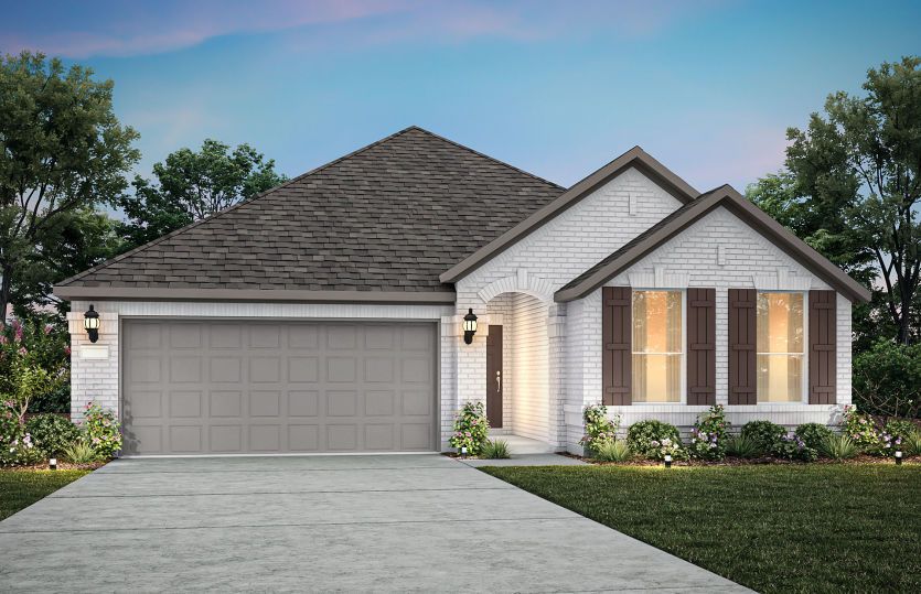 The Bell, a one-story home with 2-car garage, shown with Home Exterior A
