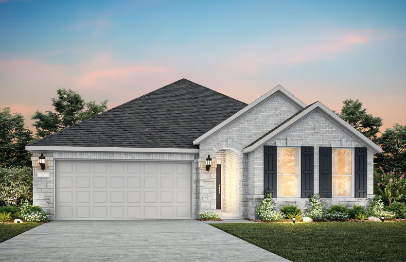 The Bell, a one-story home with 2-car garage, shown with Home Exterior B