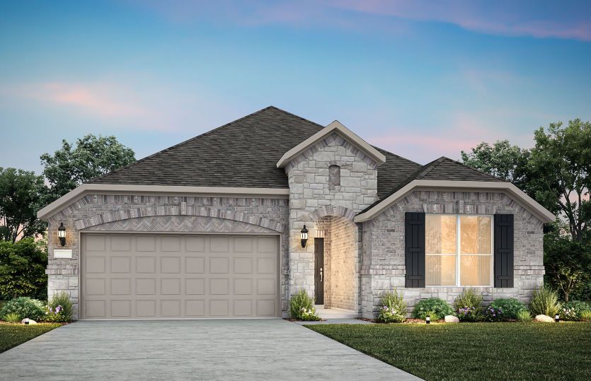 The Bell, a one-story home with 2-car garage, shown with Home Exterior C