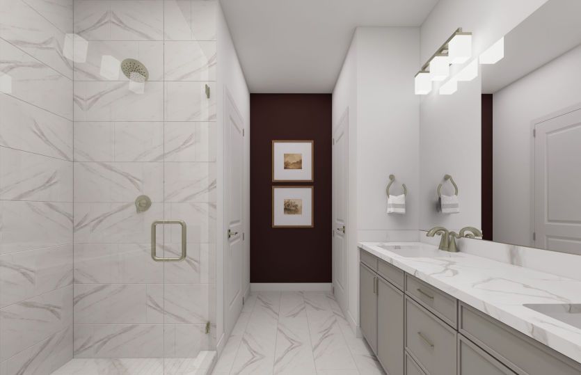 Primary Bath with Dual Basin Vanity and Frameless Glass Shower
