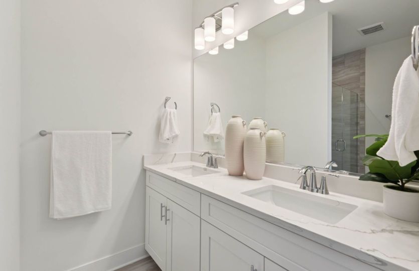 Luxurious Owner's Bath with Dual Basin Vanity and Quartz Countertops - Actual Home