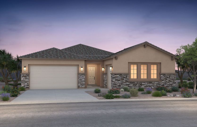 The Coventry II home design shown in the exterior elevation B, accented with beautiful stone.