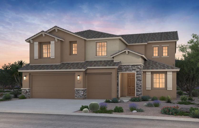 The Messina home exterior B at Savio Ridge, complete with stone accents.