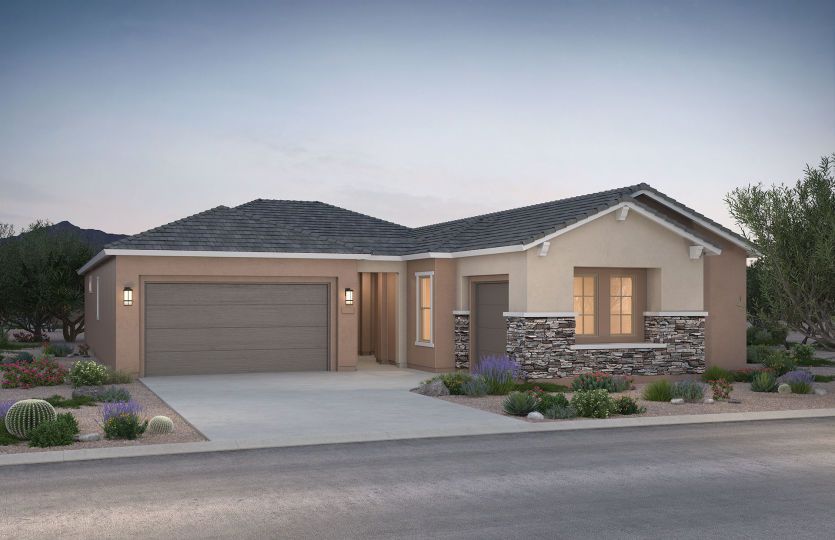 The Ravenna home design B features decorative details like stone to enhance curb appeal.