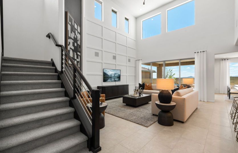 The Prato home design impresses with soaring ceilings in the gathering room that is open to the kitc