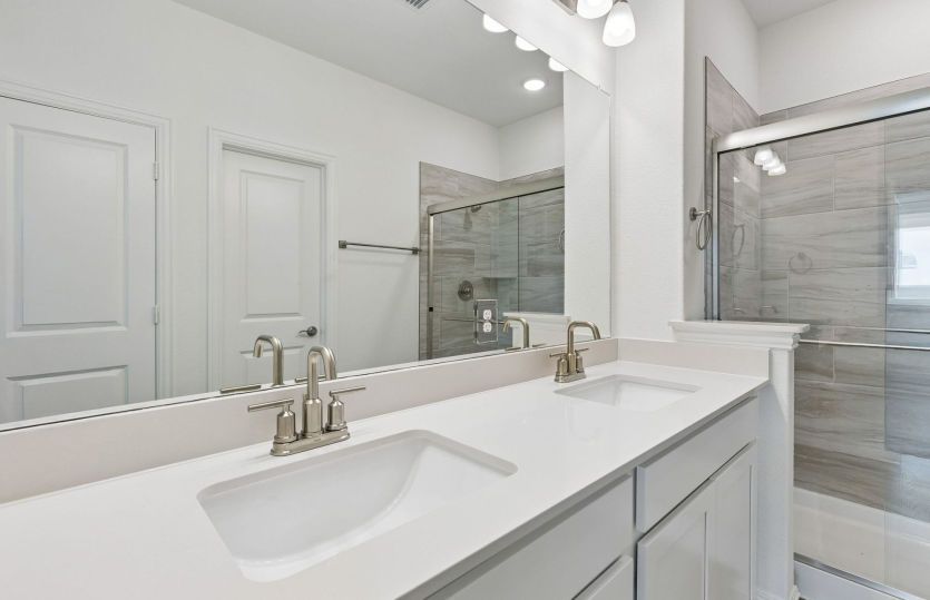 Private primary bath with two vanities *model representation