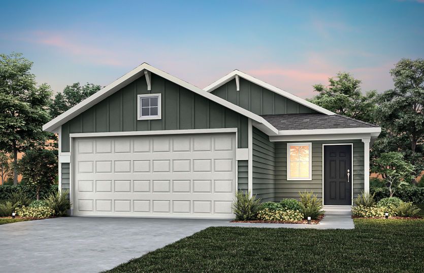 The Barton, a one-story home with 2-car garage, shown with home exterior HC103
