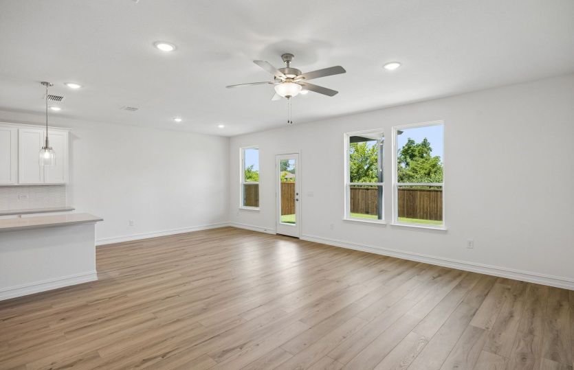 Gathering room with view of kitchen