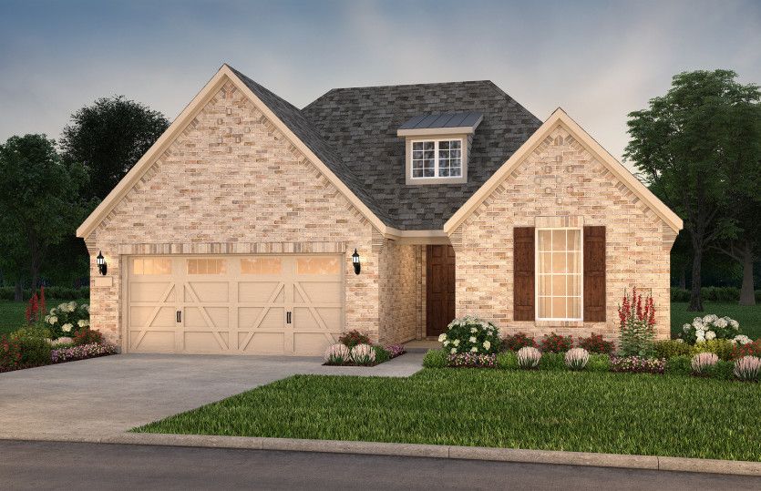 The Palmary, a one-story home with 2-car garage, shown with Home Exterior FC201