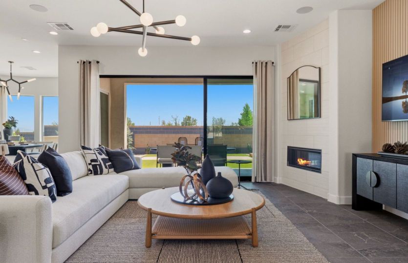 Gathering room of the Ravenna offers plenty of space and a fireplace option.