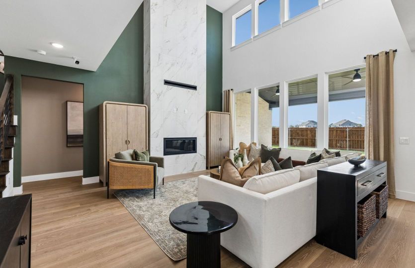 Optional fireplace shown in gathering room *model representation