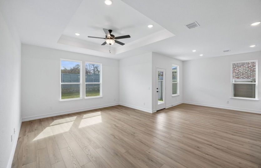 Large windows and trail ceiling in gathering room