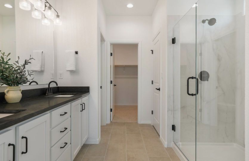 Luxurious owner's bath with generous cabinet and closet space