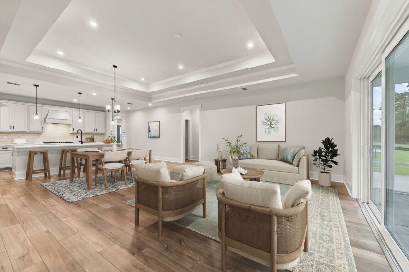 Open-concept kitchen and gathering room in the Azle floorplan with seamless flow for entertaining.