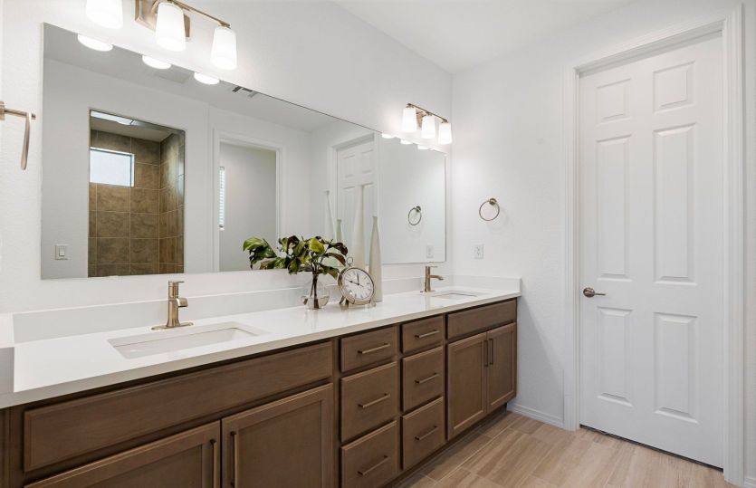 Owner's bathroom with dual sinks and ample cabinet and counter space