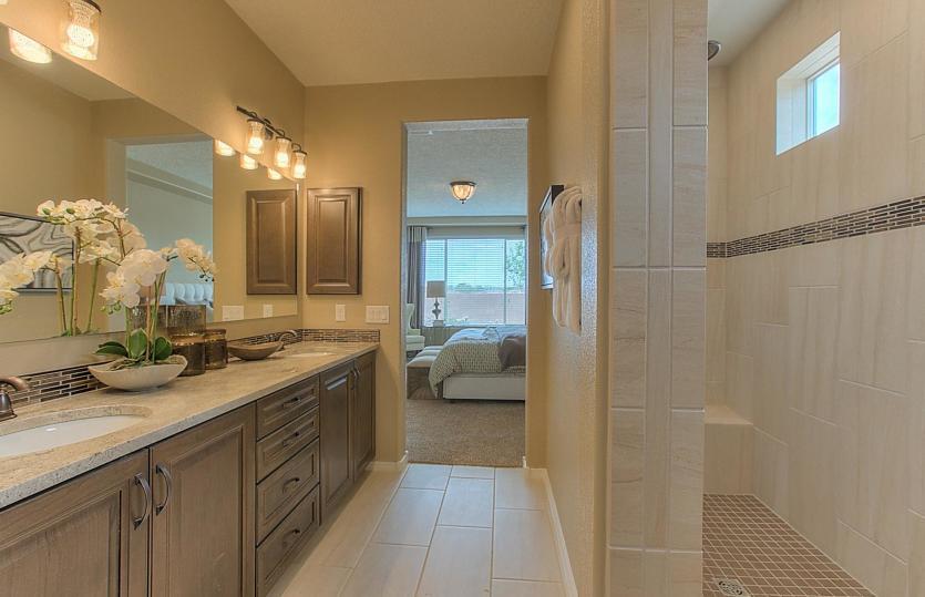 Tile walk-in shower in the owner's bath provides a luxurious feel in the comfort of your home.