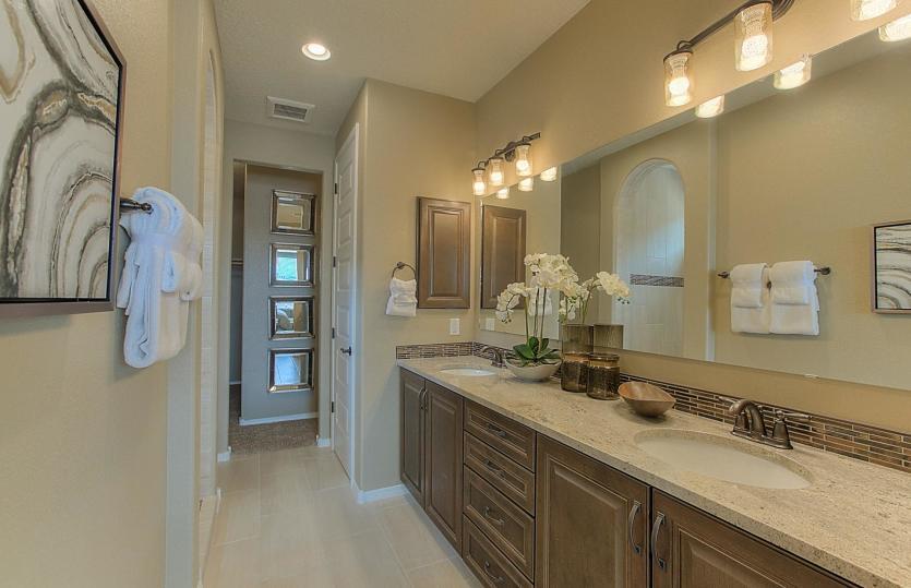 Spa-like owner's bath with dual sinks at the vanity with granite countertops and bronze vanity light