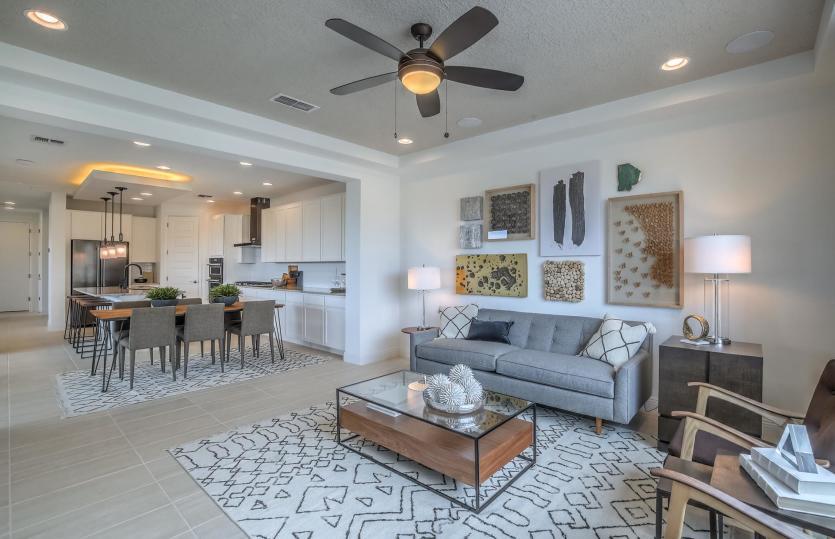 The gathering room showcasing the layout from the cafe and kitchen as well as an accent ceiling and