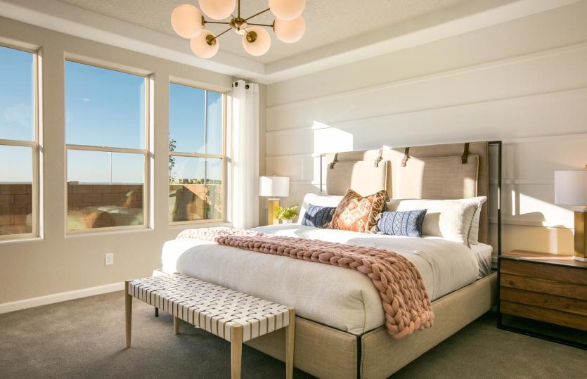 Your owner's suite oasis - a cozy room with trim detail, a tray ceiling, and a decorative lighting f