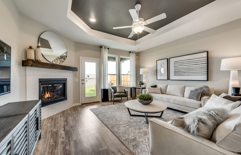 Spacious gathering room with optional fireplace*model representation
